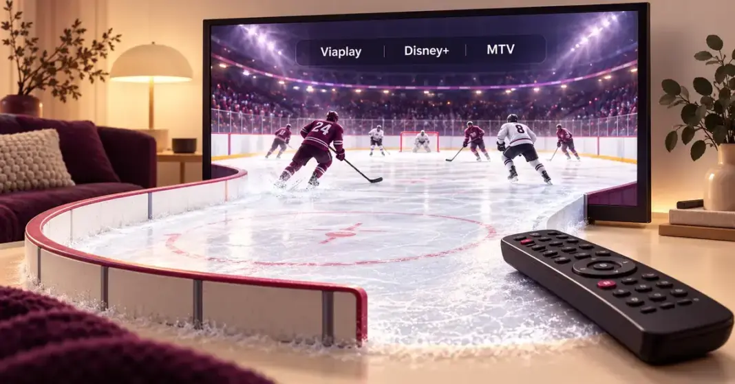 Televisiosta olohuoneeseen avautuva jääkiekkokaukalo, kaukosäädin ja ruudulla näkyvät Viaplayn, Disney+:n ja MTV:n nimet havainnollistavat NHL:n katsomista Suomessa.