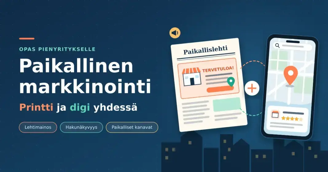 Kuvituskuva, jossa paikallislehden mainos ja älypuhelimen karttanäkymä yhdistyvät plusmerkillä otsikon 